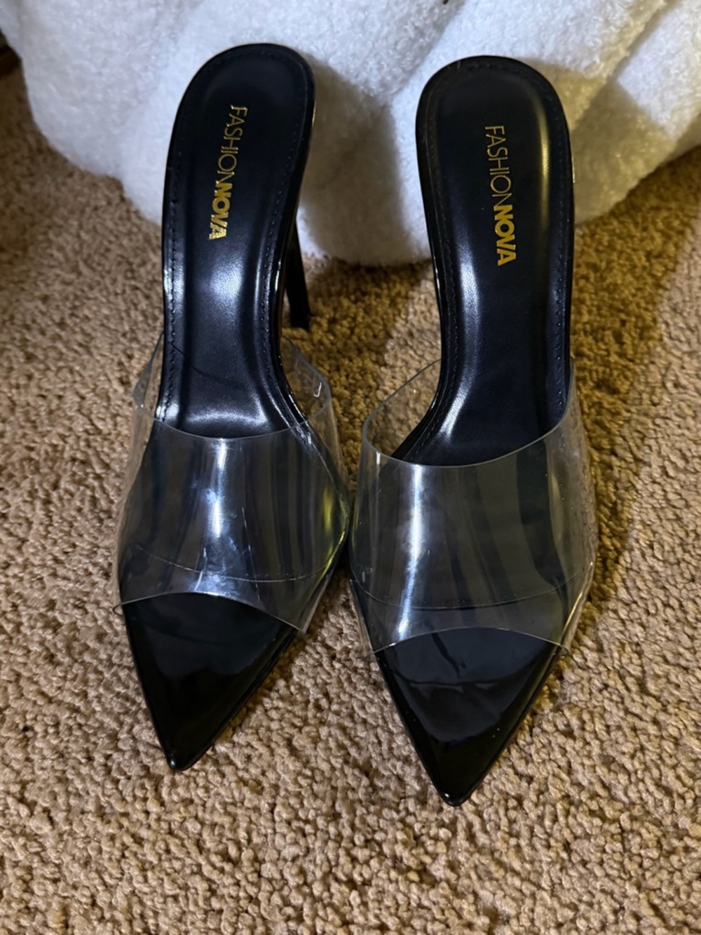 Fashion Nova Black Pointed Clear Strap Mule Heels